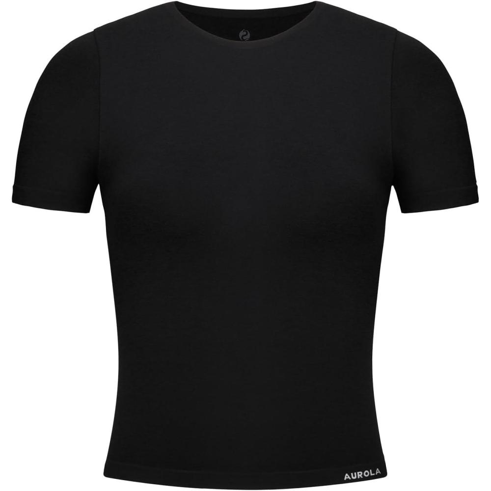 imageAUROLA Women Essentials Seamless Short Sleeve Fitted Tshirt Gym Workout Athletic Shirts Top TeeBlack
