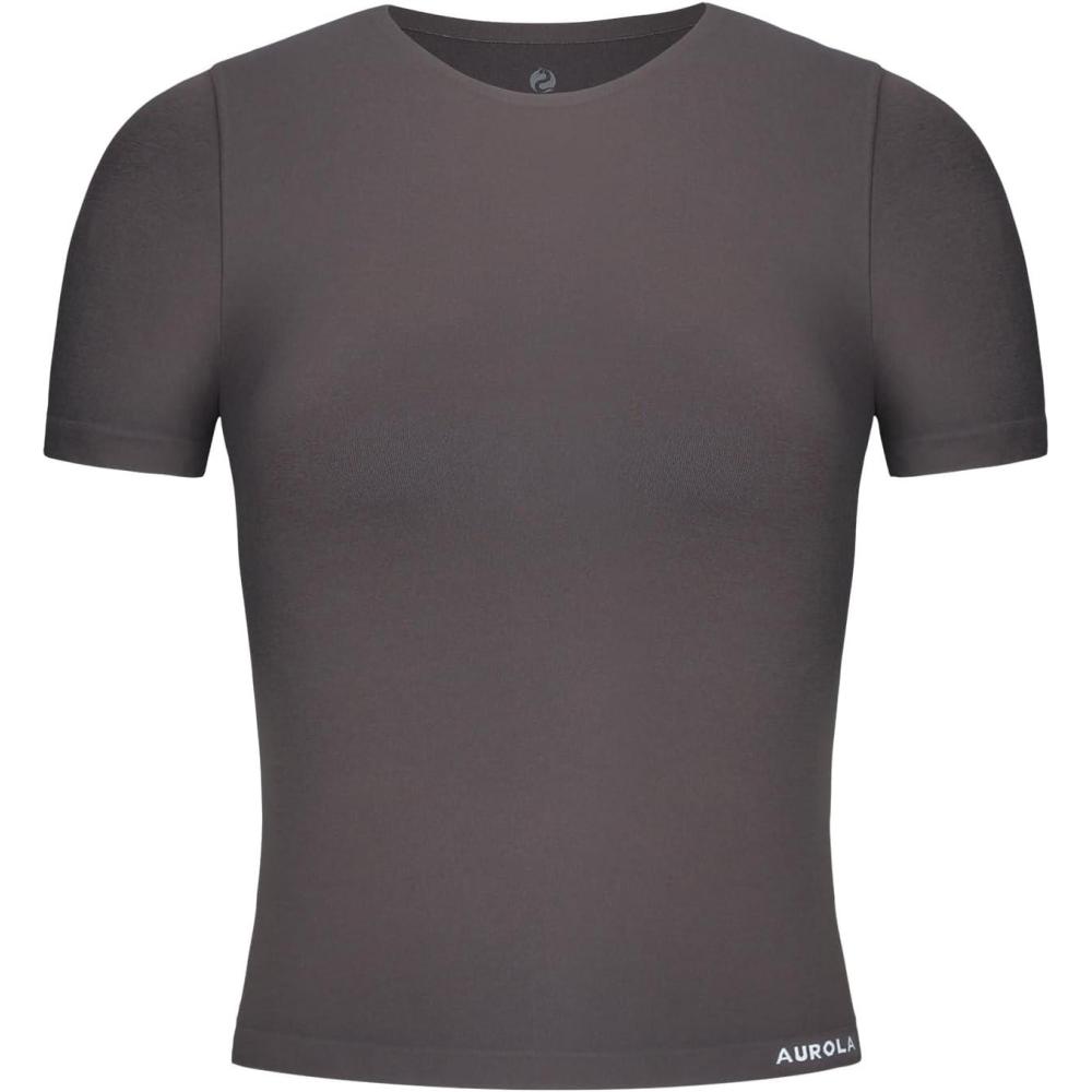 imageAUROLA Women Essentials Seamless Short Sleeve Fitted Tshirt Gym Workout Athletic Shirts Top TeeChestnut Brown