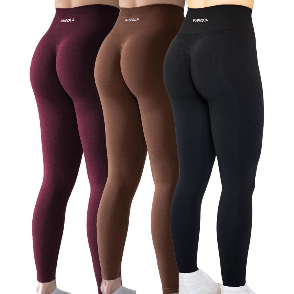 imageAUROLA Workout Leggings for Women Seamless Scrunch Tights Tummy Control Gym Fitness Girl Sport Active Yoga PantsPackblackBlack CherryDandelion Brown