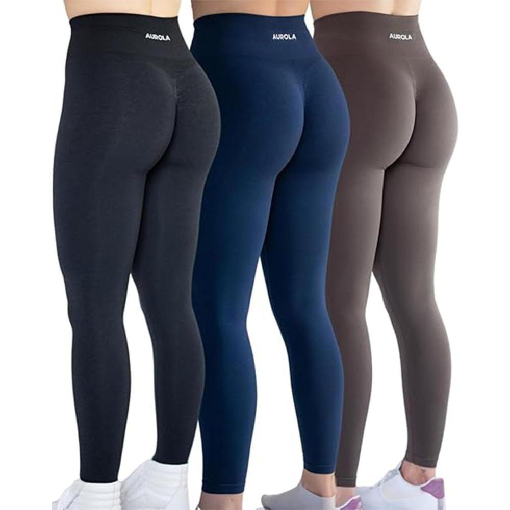 imageAUROLA Workout Leggings for Women Seamless Scrunch Tights Tummy Control Gym Fitness Girl Sport Active Yoga PantsPackblackTuxedo BlueChestnut Brown