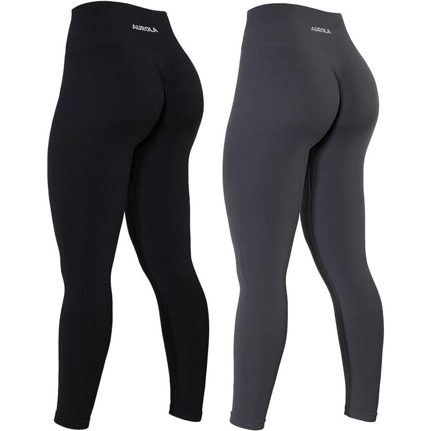 imageAUROLA Workout Leggings for Women Seamless Scrunch Tights Tummy Control Gym Fitness Girl Sport Active Yoga PantsSet Blackdark Grey