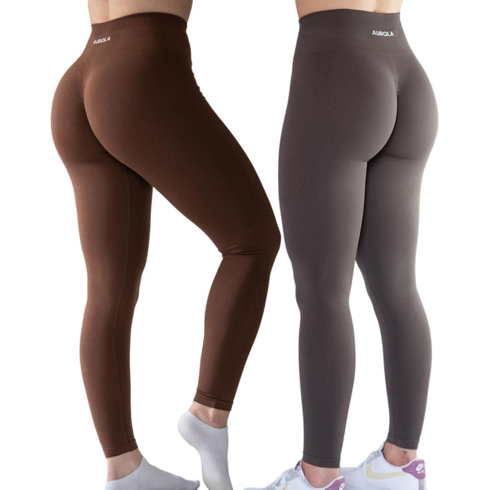 imageAUROLA Workout Leggings for Women Seamless Scrunch Tights Tummy Control Gym Fitness Girl Sport Active Yoga PantsSet Chestnut Browndandelion Brown