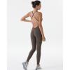 AUROLA Women Jumpsuits for Workout Yoga Gym, Seamless Strappy One Piece Padded Bra Bodysuits(Jumpsuits- Chestnut Brown)