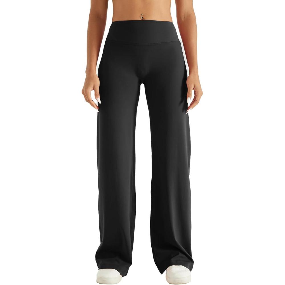 imageAUROLA Yoga Pants Workout Leggings Women No Front Seam Gym Leggings High Waist Stretch Casual Soft Straight Wide Leg BottomsBlack